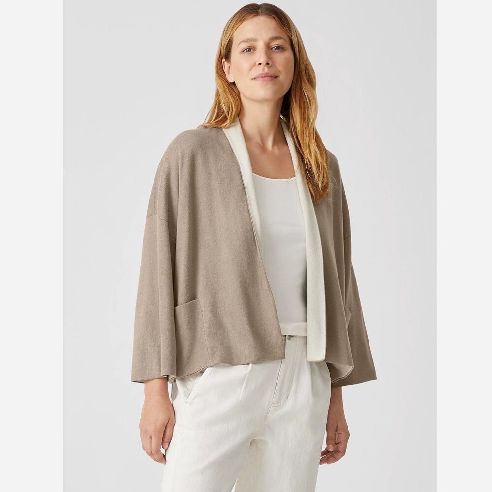 Eileen Fisher Taupe Open-Front Cardigan with Cream Trim